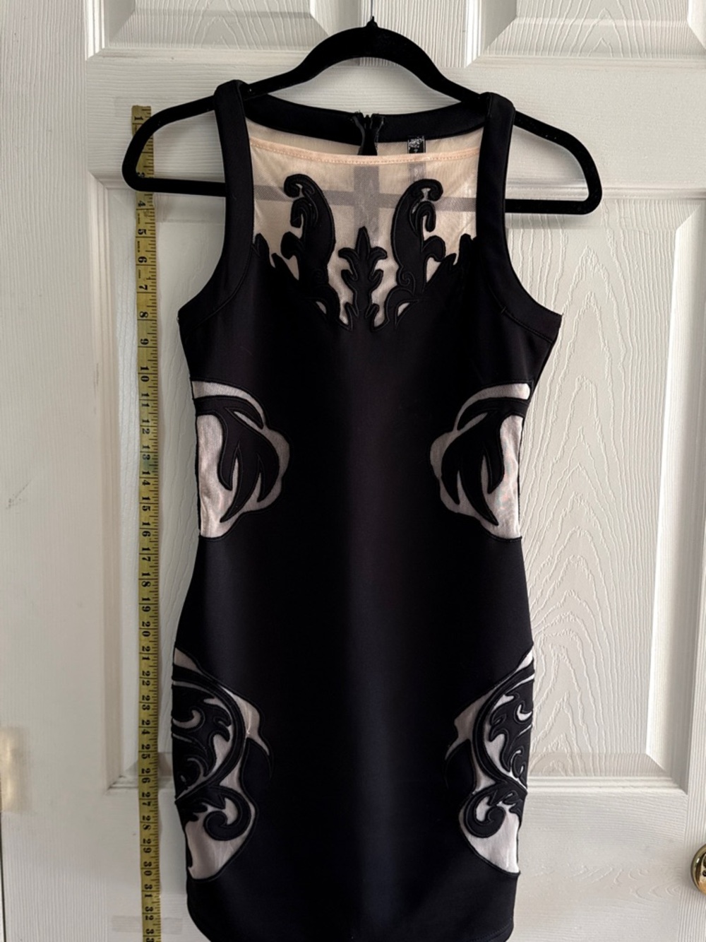 Poof Couture Black Mini Dress with Ivory Applique, new